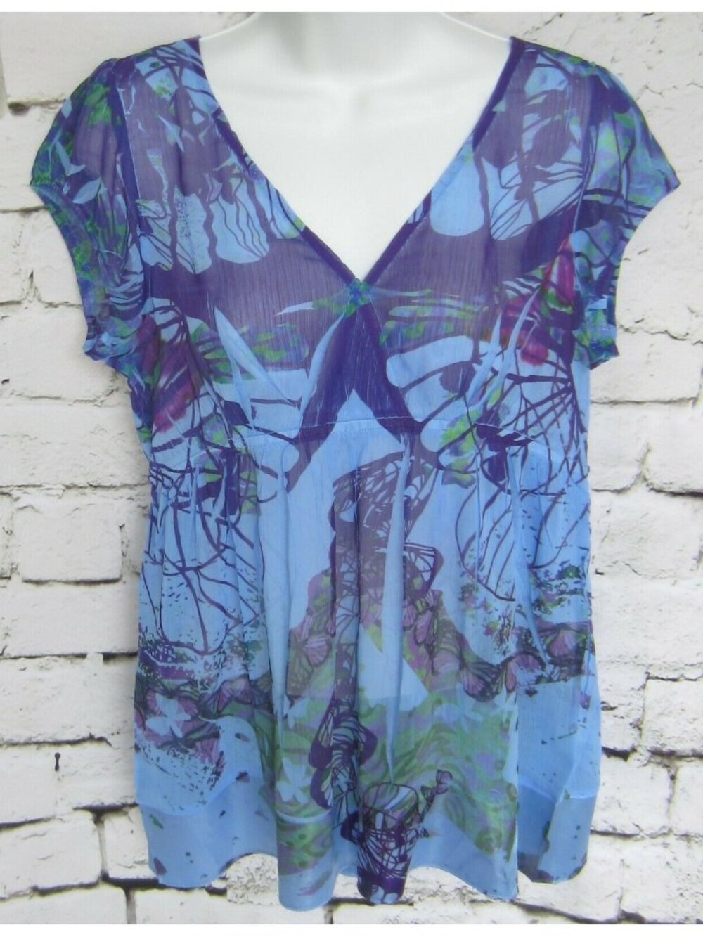 Unity World Wear Empire Waist Top Sz Small S Purple Butterfly Sheer Purple Vneck
